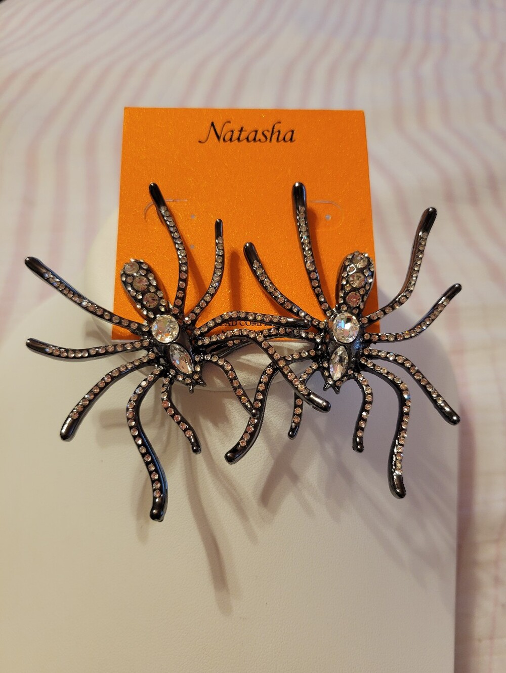 Natasha Couture Black and Clear Crystal Spider Earrings